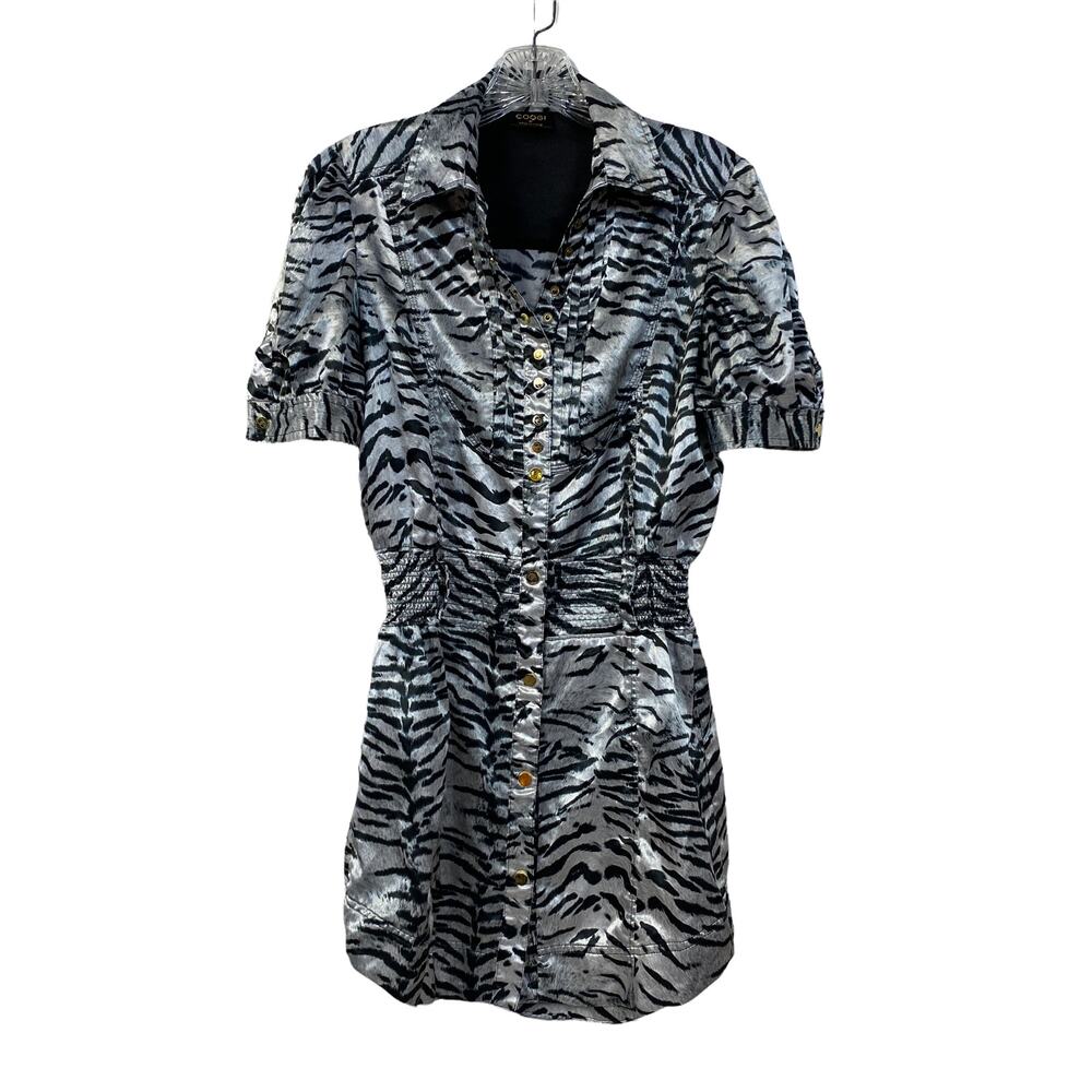 COOGI Women's Size S Dress Animal Print Short Sleeve Black Silver Satin Mini
